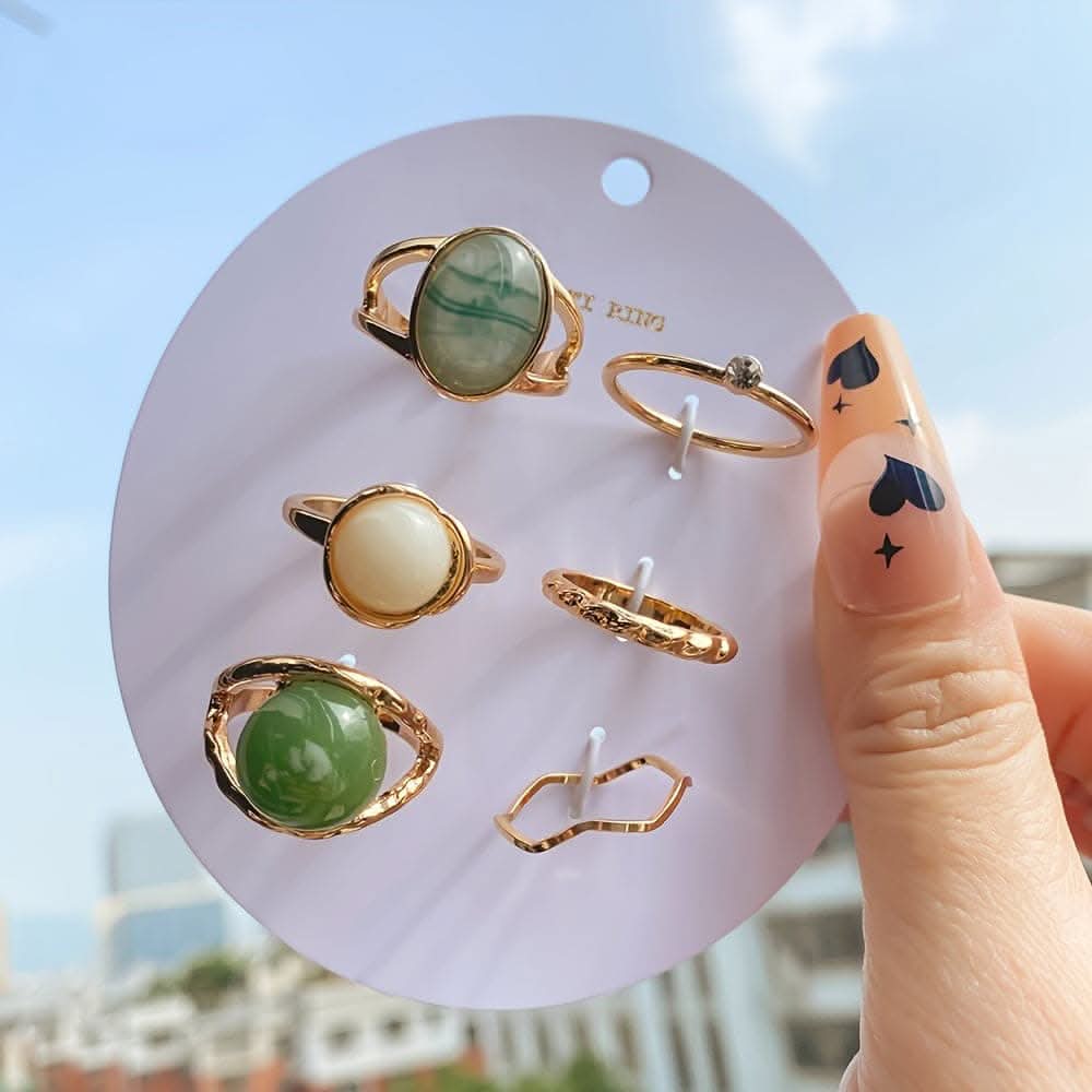 Golden-Tone Ring Set with Green Gemstones – 6-Piece