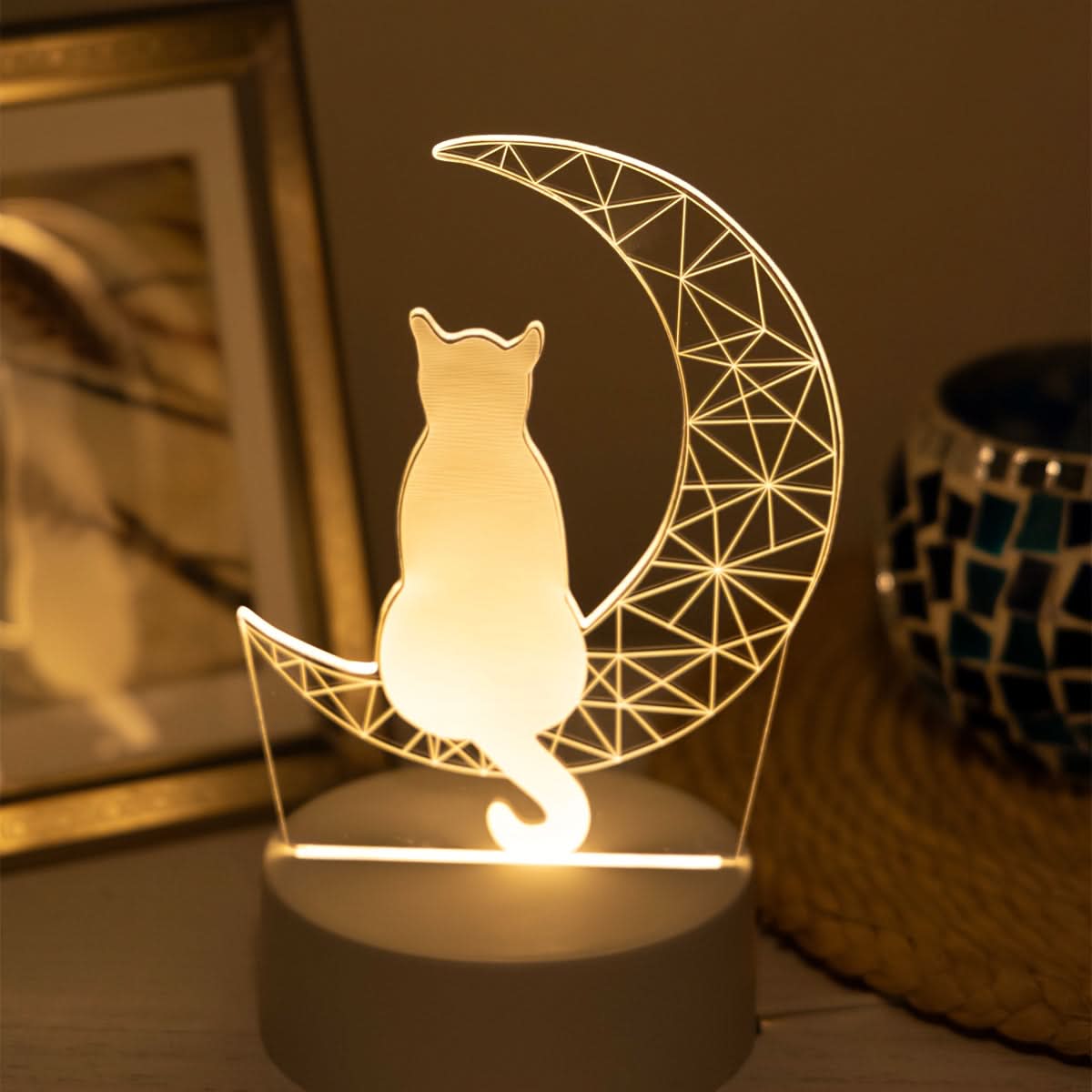 Whimsical 3D Glowing Moon Cat Night Light - USB Powered Table Lamp