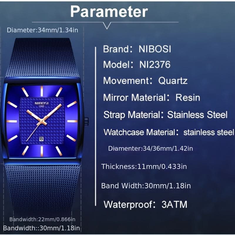 Men's Square Quartz Watch, Waterproof, Date Display