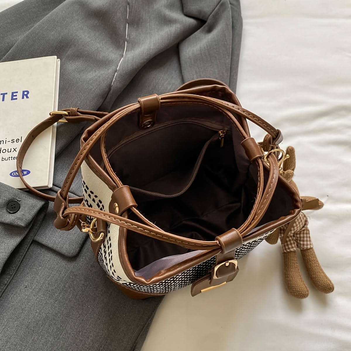 Women's Mini Contrast Color Canvas Shoulder Bag with Bunny Pendant