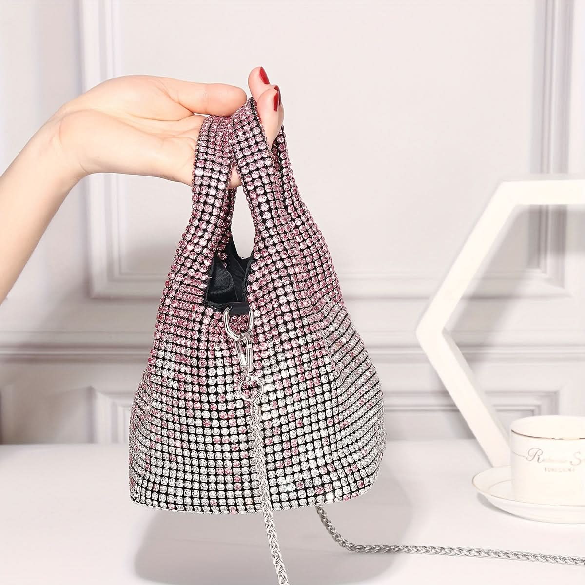 Shiny Rhinestone Bucket Bag with Chain Strap