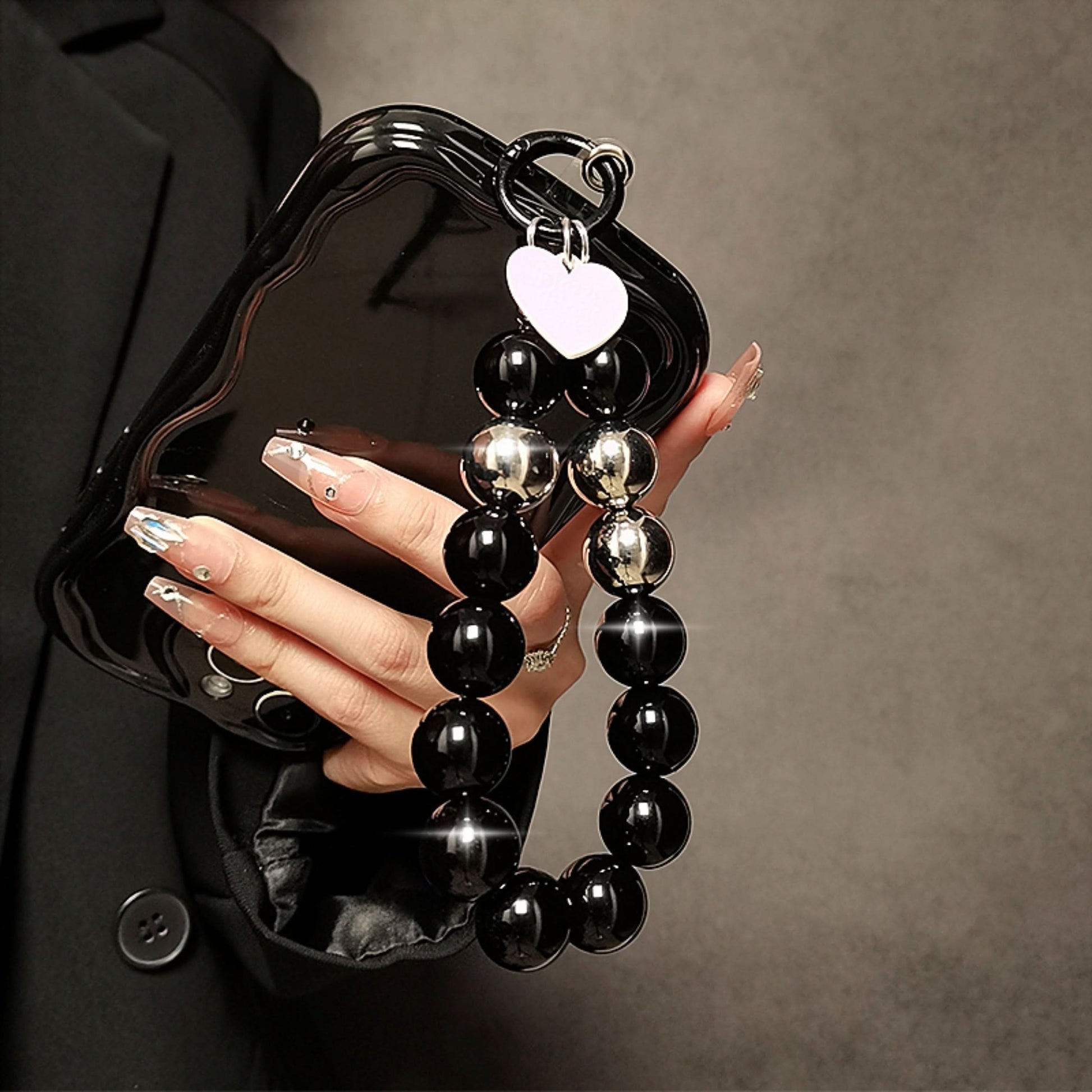Black Beaded Wristlet with Clip, Phone & Keychain Accessory