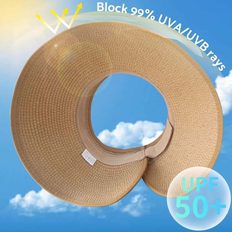 Women’s Wide Brim Straw Sun Hat with Ponytail Hole – Foldable