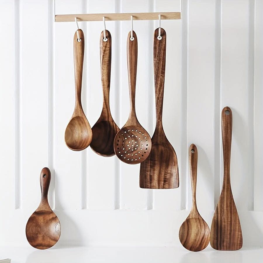 7pcs Natural Teak Wooden Spoons - Non-Stick Spatula Set