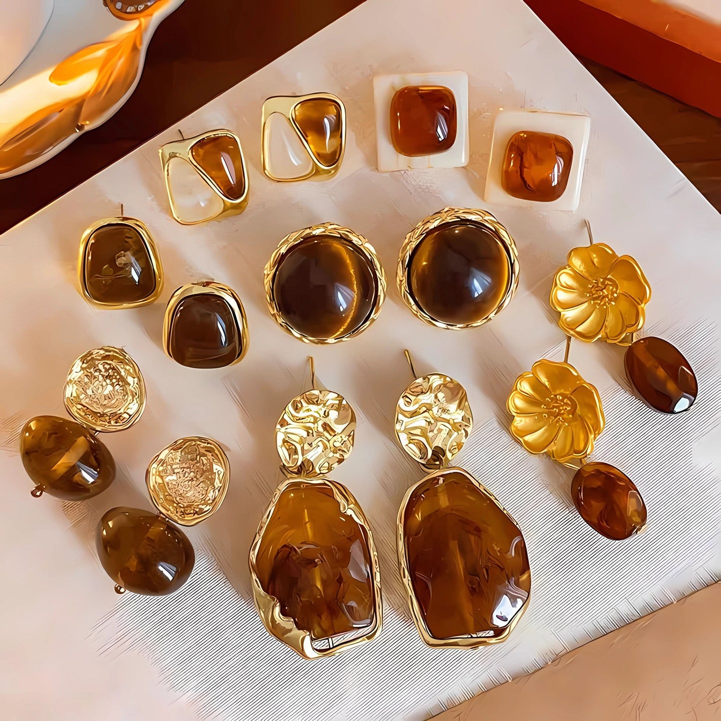 Vintage Amber Cat Eye Resin Earrings Set