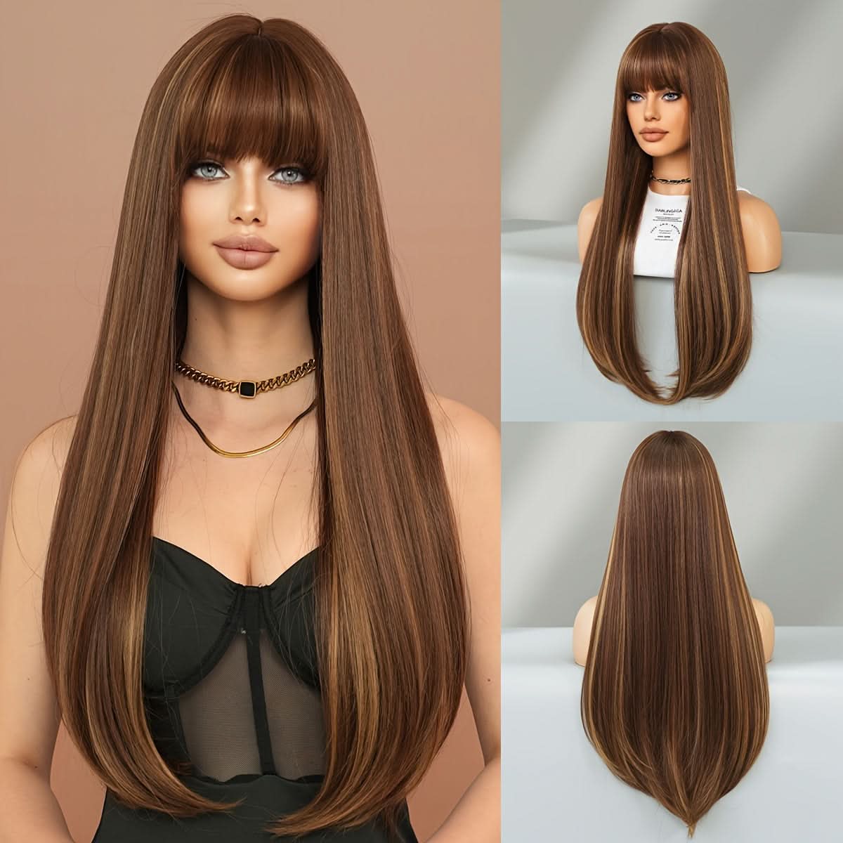 Chic Ombre Honey Brown Wig with Air Bangs – Heat Resistant