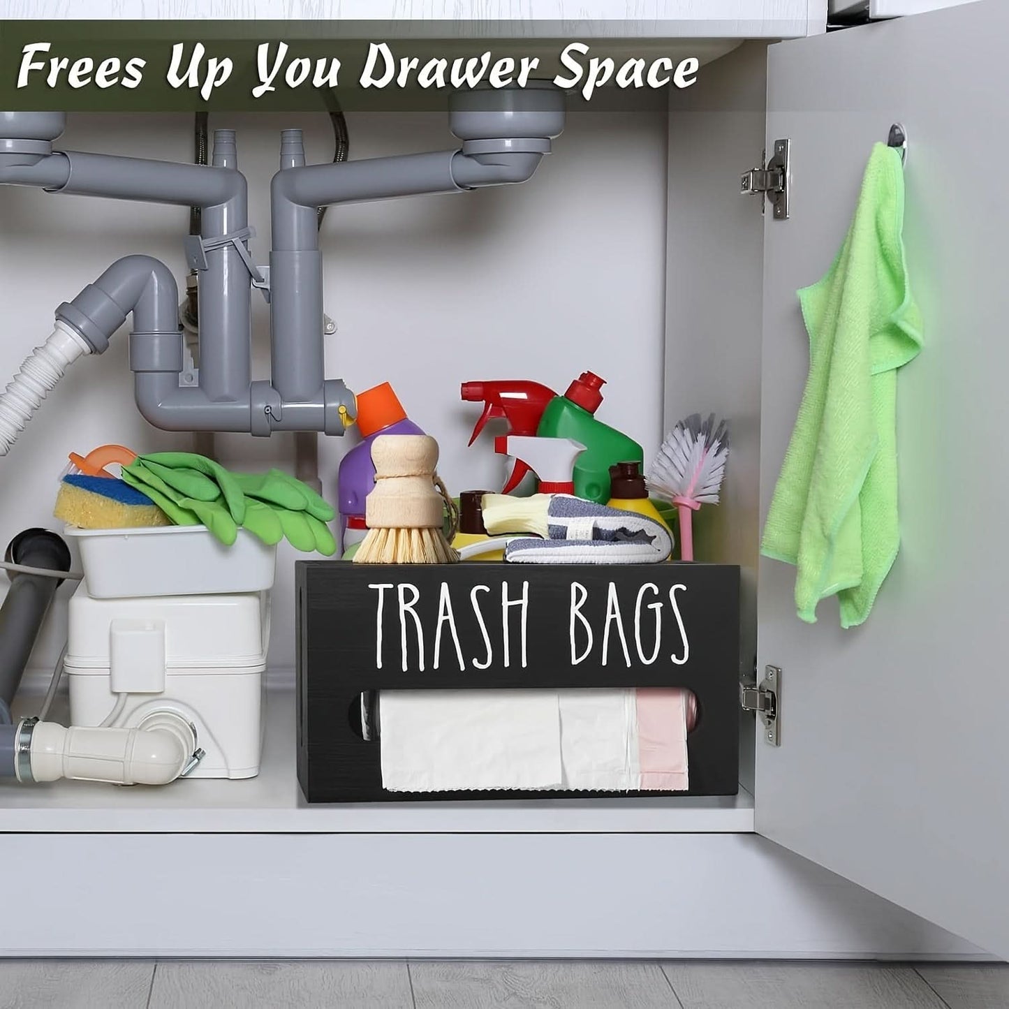 Wall-Mounted Wooden Trash Bag Dispenser Organizer