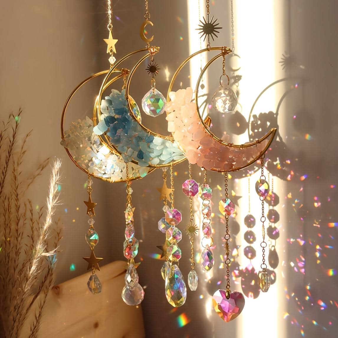 3-Piece Rainbow Amethyst Moon Crystal Prisms Suncatcher – Vibrant For Home Decor