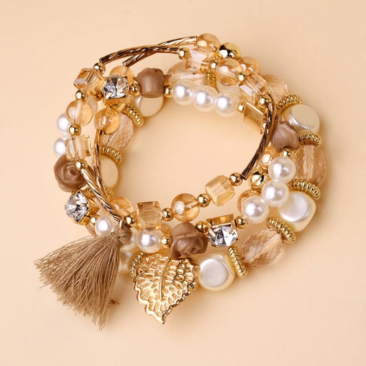 4-Piece Leaf & Tassel Beaded Bracelet