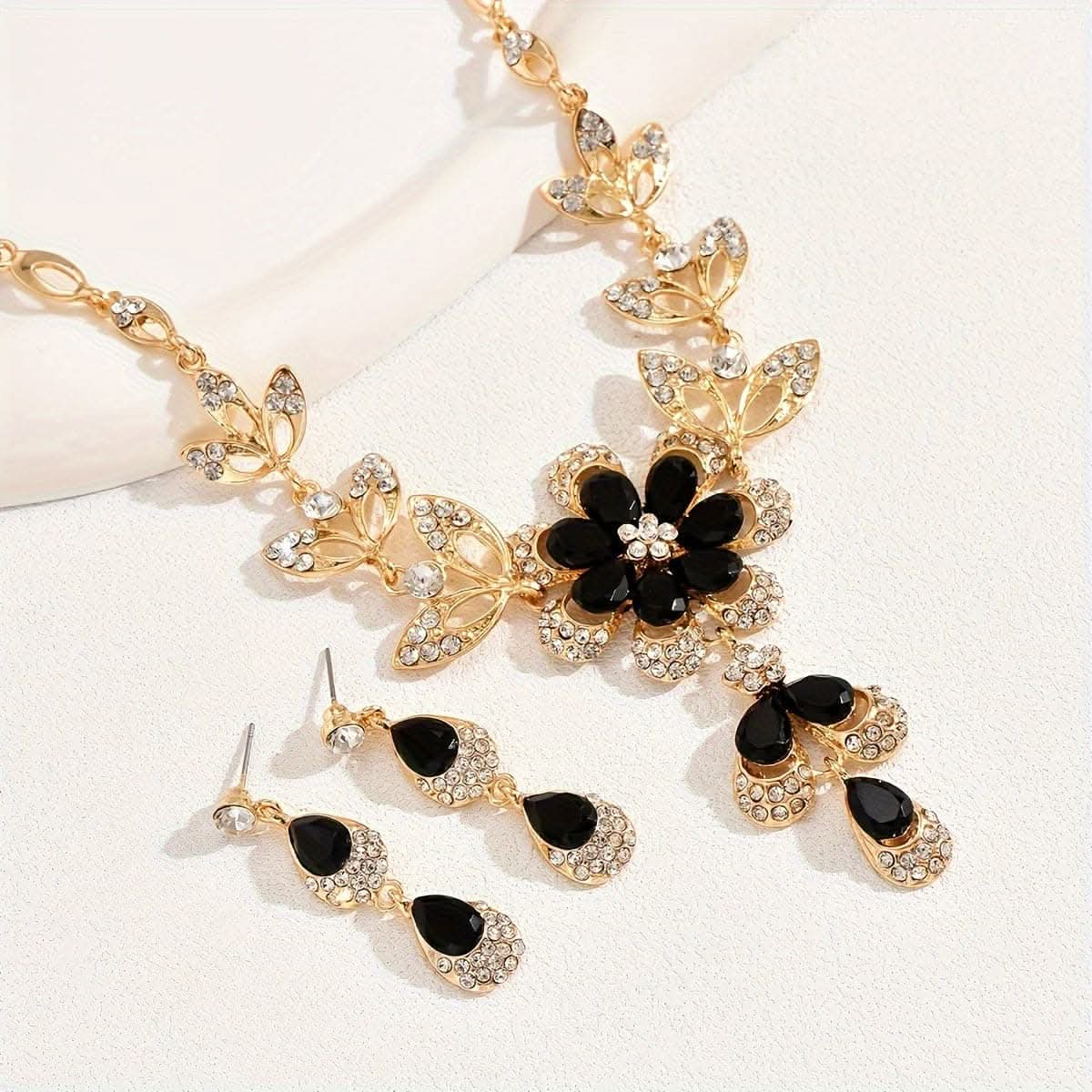 Dangle Earrings & Necklace Set – Copper Jewelry with Zircon Inlay, Flower Design