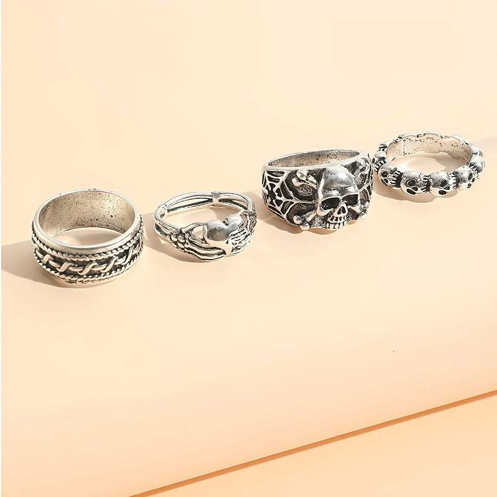 4-Piece Gothic Skull Punk Metal Rings