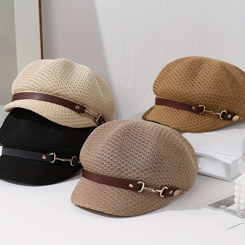 Women’s Knit Breton Cap – Stylish Packable Straw Hat with Buckle
