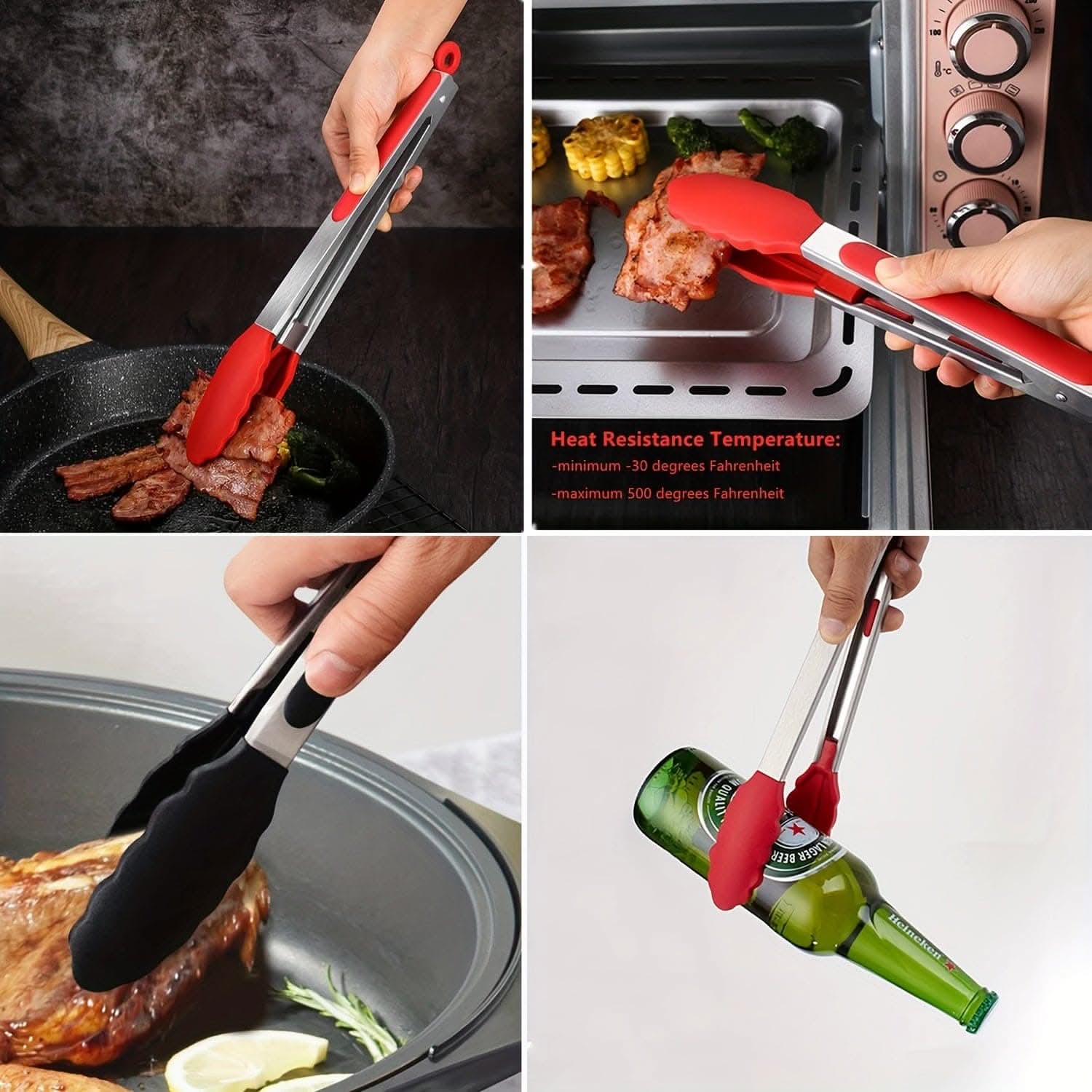 3-Pack Silicone & Stainless Steel Food Tongs - Multifunctional Kitchen Utensils