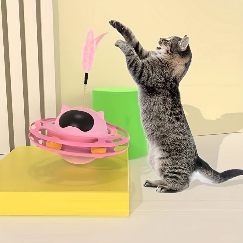 Interactive UFO Cat Toy with Feather Teaser– Non-Tipping Self-Play Pet Toy