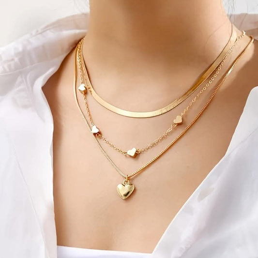 Layered Heart Charm Necklace – Minimalist 3-Piece Set