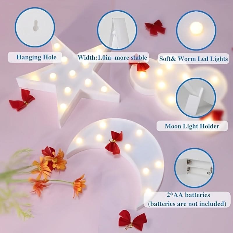 3pcs LED Crescent Moon & Star Cloud Night Lights – Wall-Mountable Decor