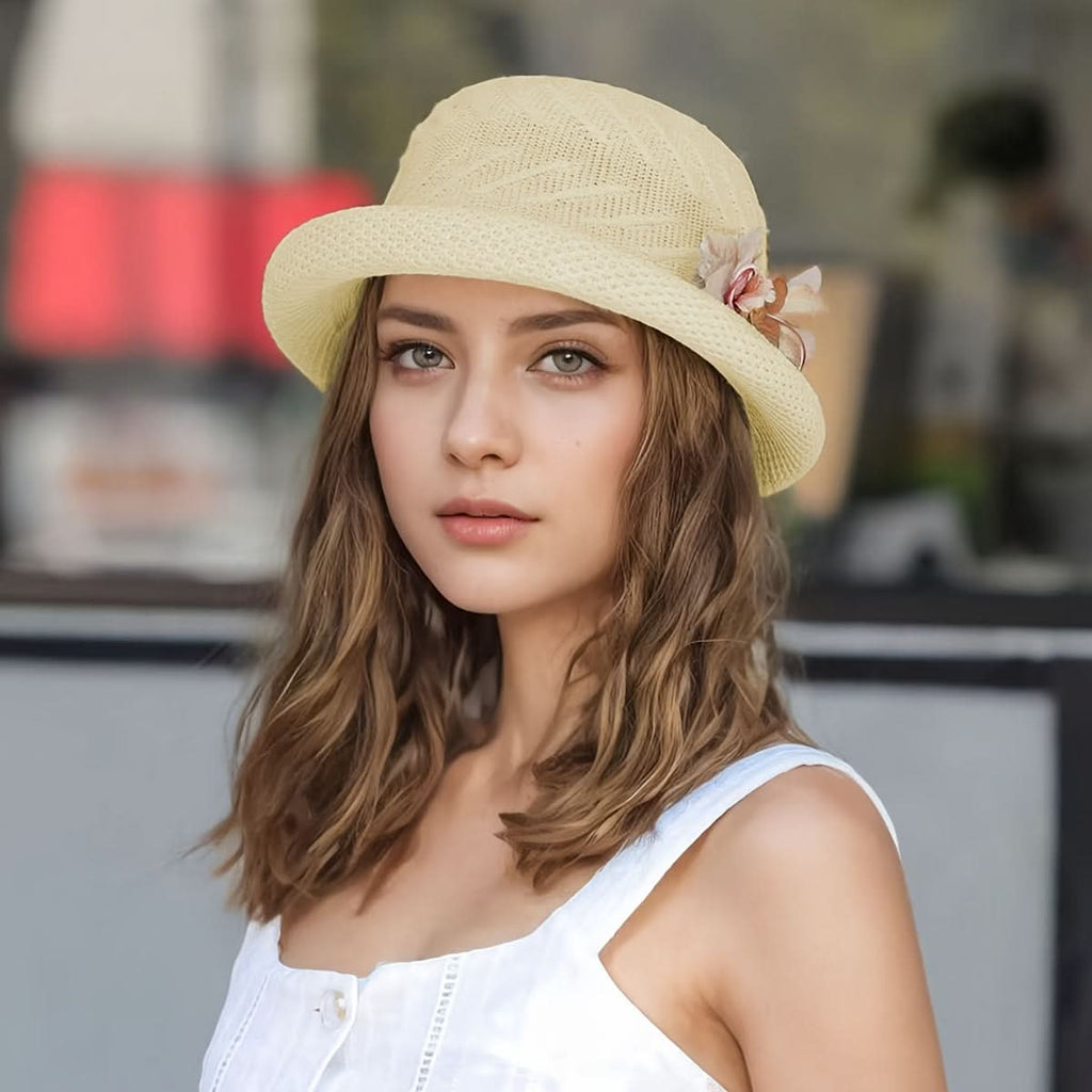 Women’s Straw Sun Hat with Floral Trim – Lightweight, Breathable, Rolled Brim