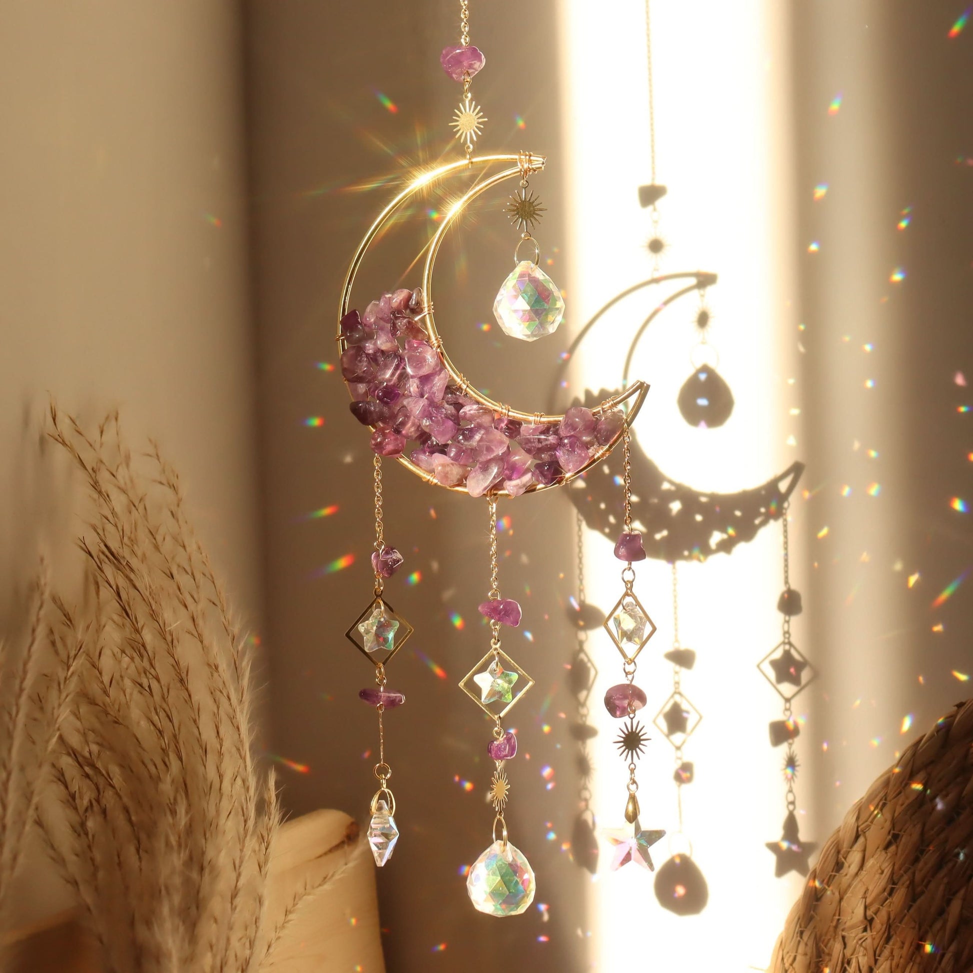 3-Piece Rainbow Amethyst Moon Crystal Prisms Suncatcher – Vibrant For Home Decor