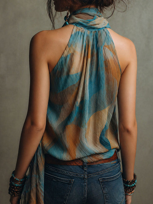 Boho Blue And Amber Chiffon Halter Blouse With Scarf Neck