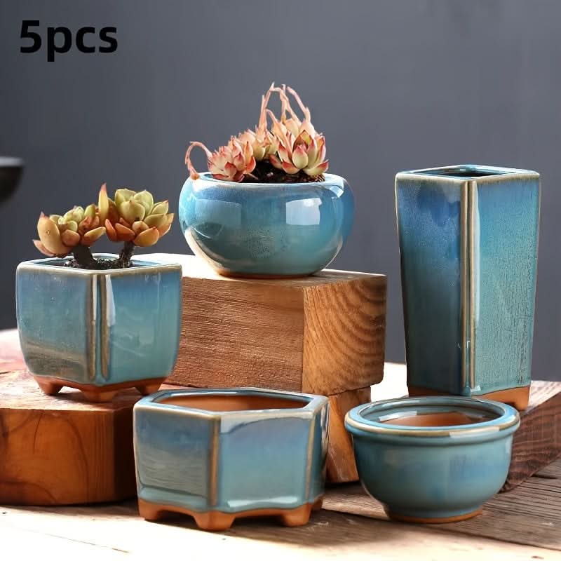 5-Piece Handcrafted Blue Ceramic Mini Succulent Planter Set