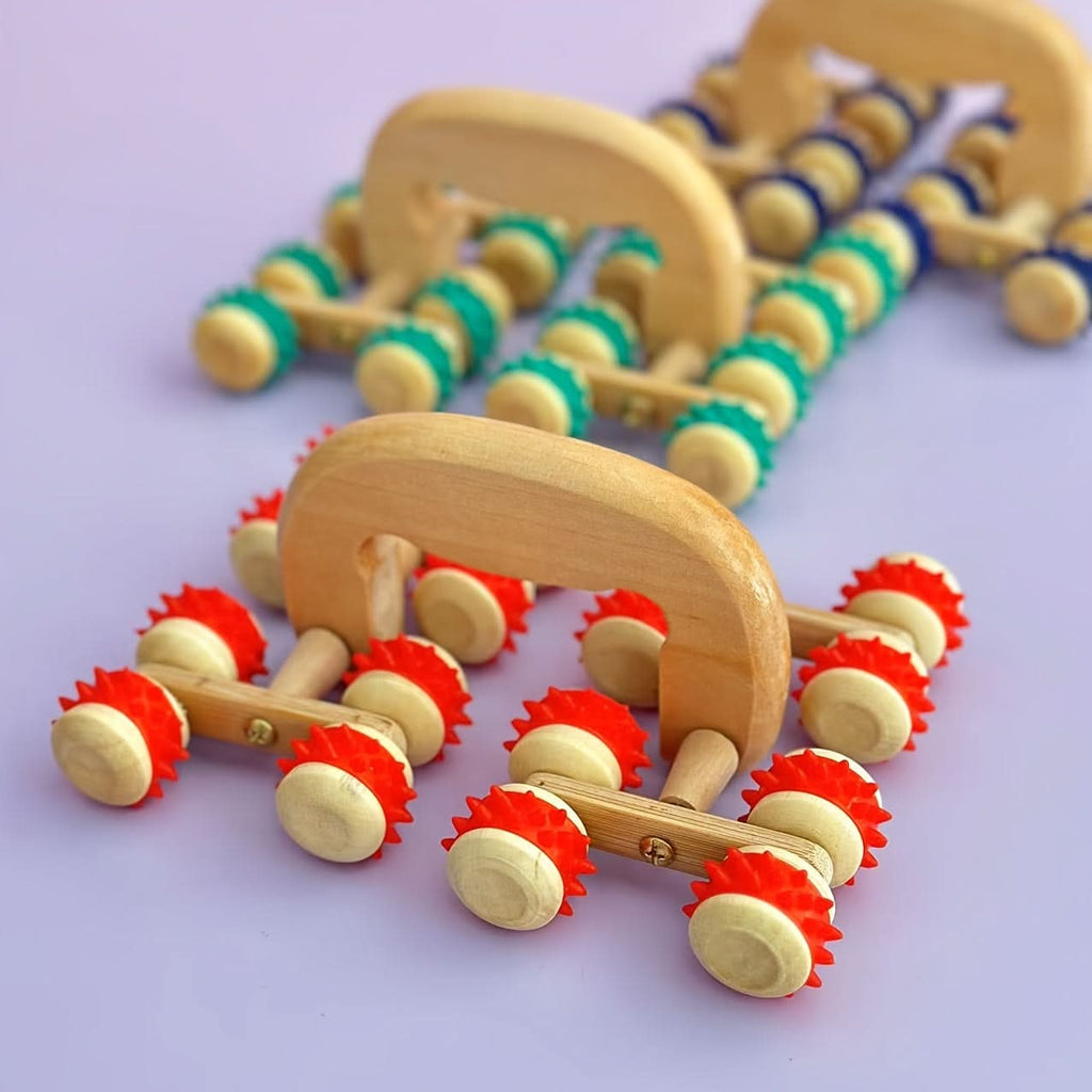Wooden Massage Roller for Full Body Stress Relief - 16-Wheel Handheld Massager
