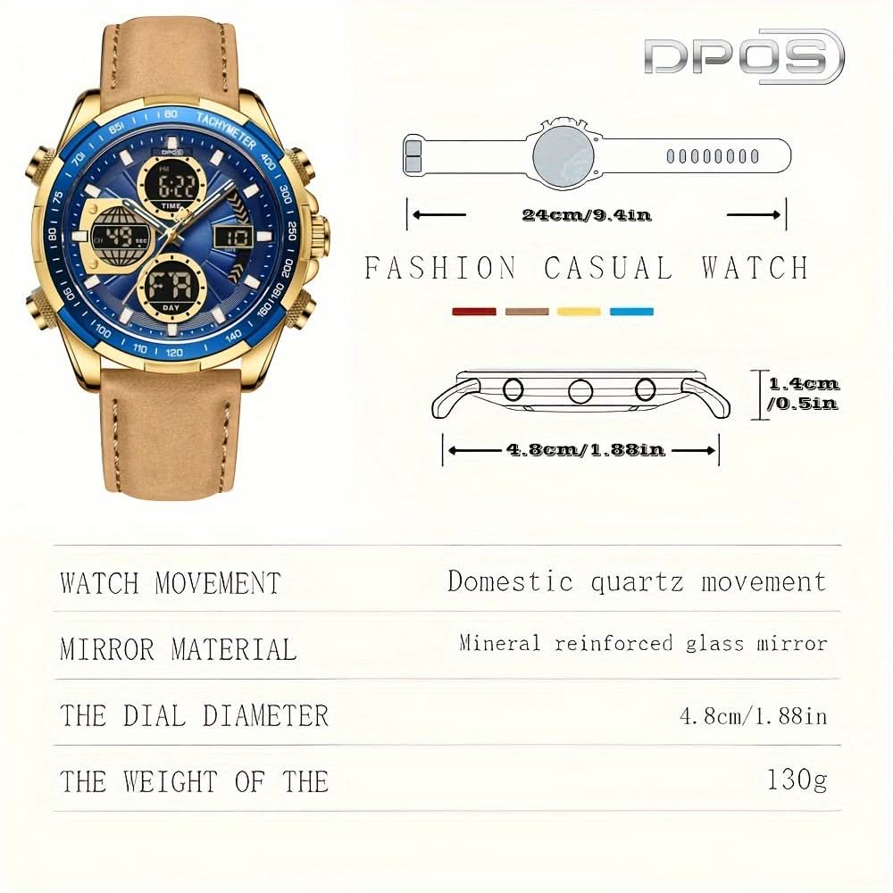 Men's Sports Dual Display Quartz Watch, Waterproof, Leather Strap