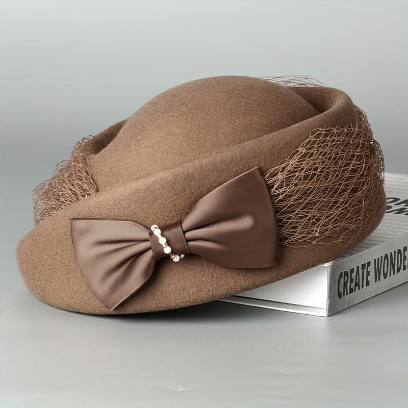 Women's Wool Beret Hat with Veil & Bow – Retro British Style