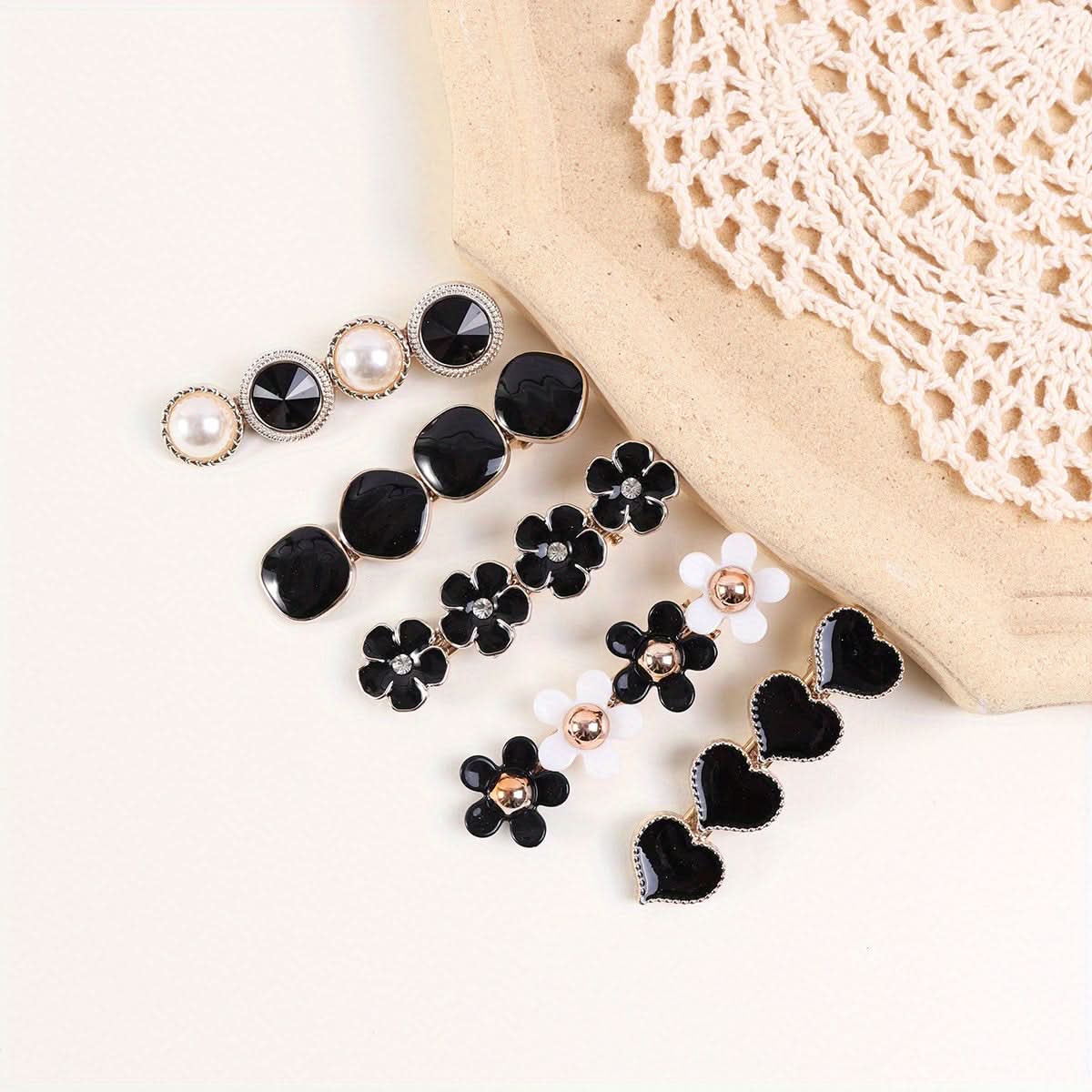 5pcs Black Heart Flower Pearl Hair Clips - Elegant Women's Hair Accessories