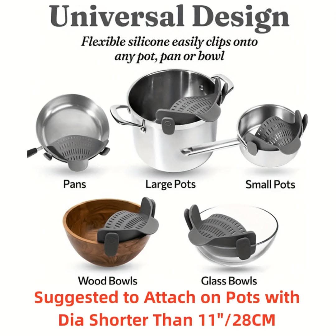 Adjustable Silicone Pot Strainer – Clip-On Kitchen Tool for Pots, Pans, and Bowls