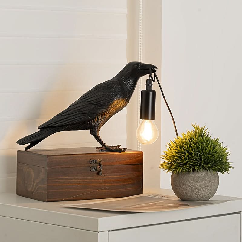 Unique Crow Design LED Table Lamp - Resin Bird with USB Port
