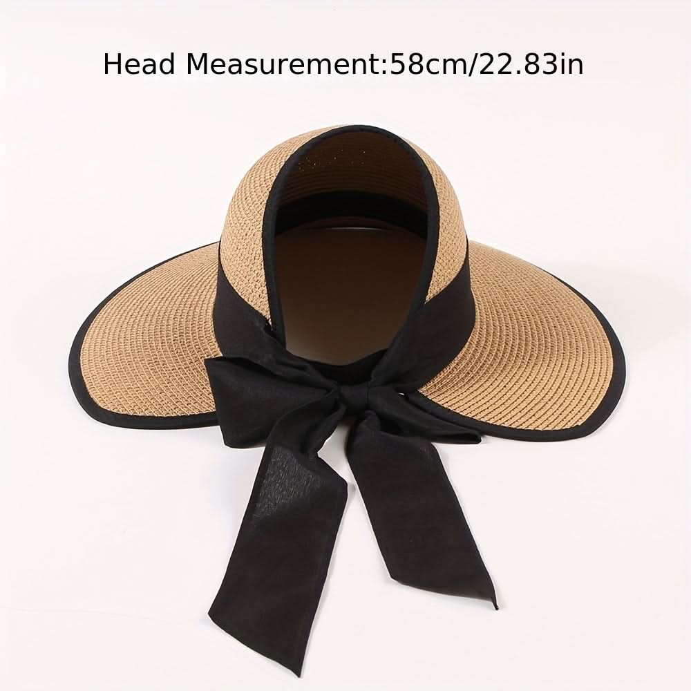 Women's Straw Sun Visor Hat with Ponytail Hole – Beach Cap with Bow