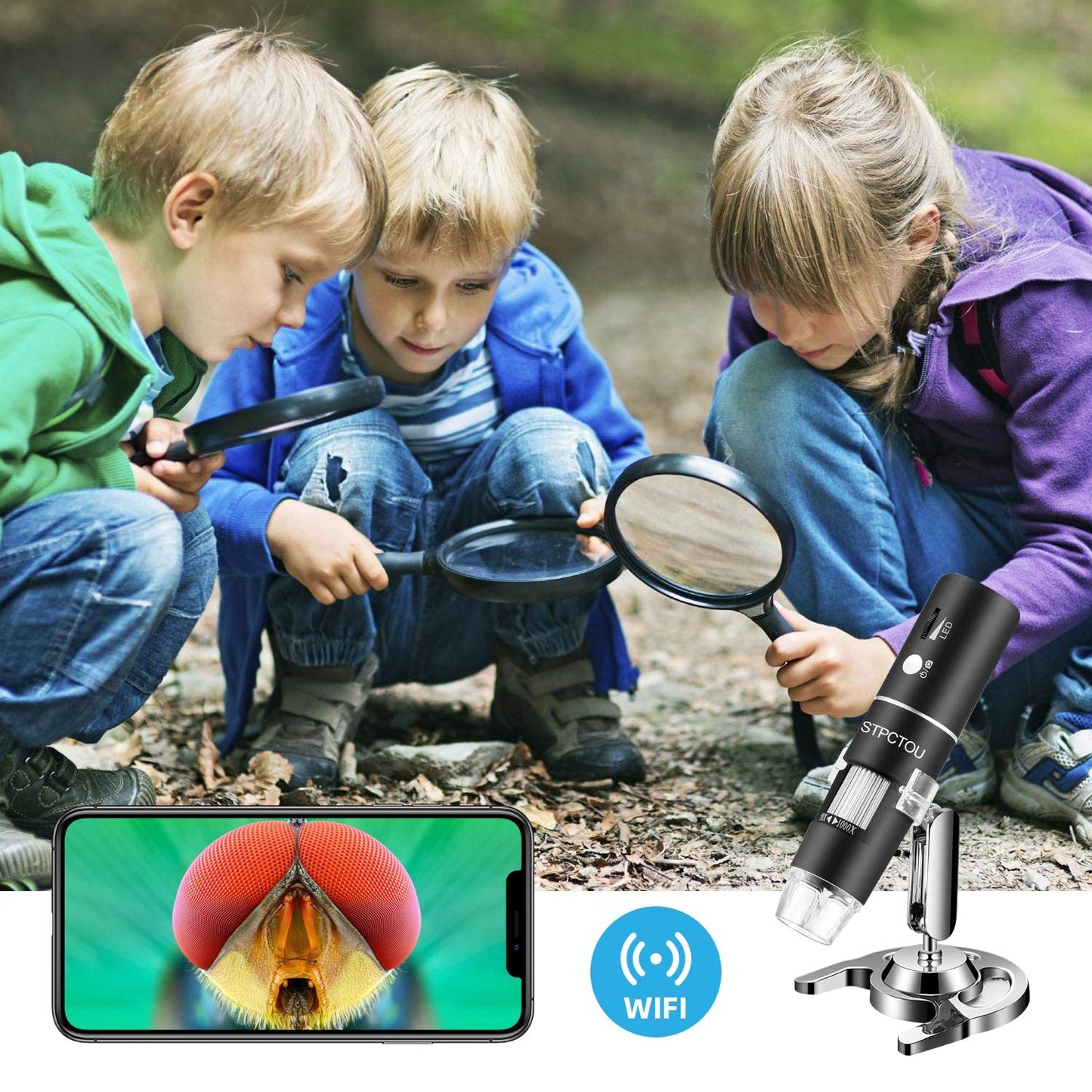 Wireless Digital Microscope 1000X 1080P – Portable USB WiFi Microscope Camera with 8 LED Lights