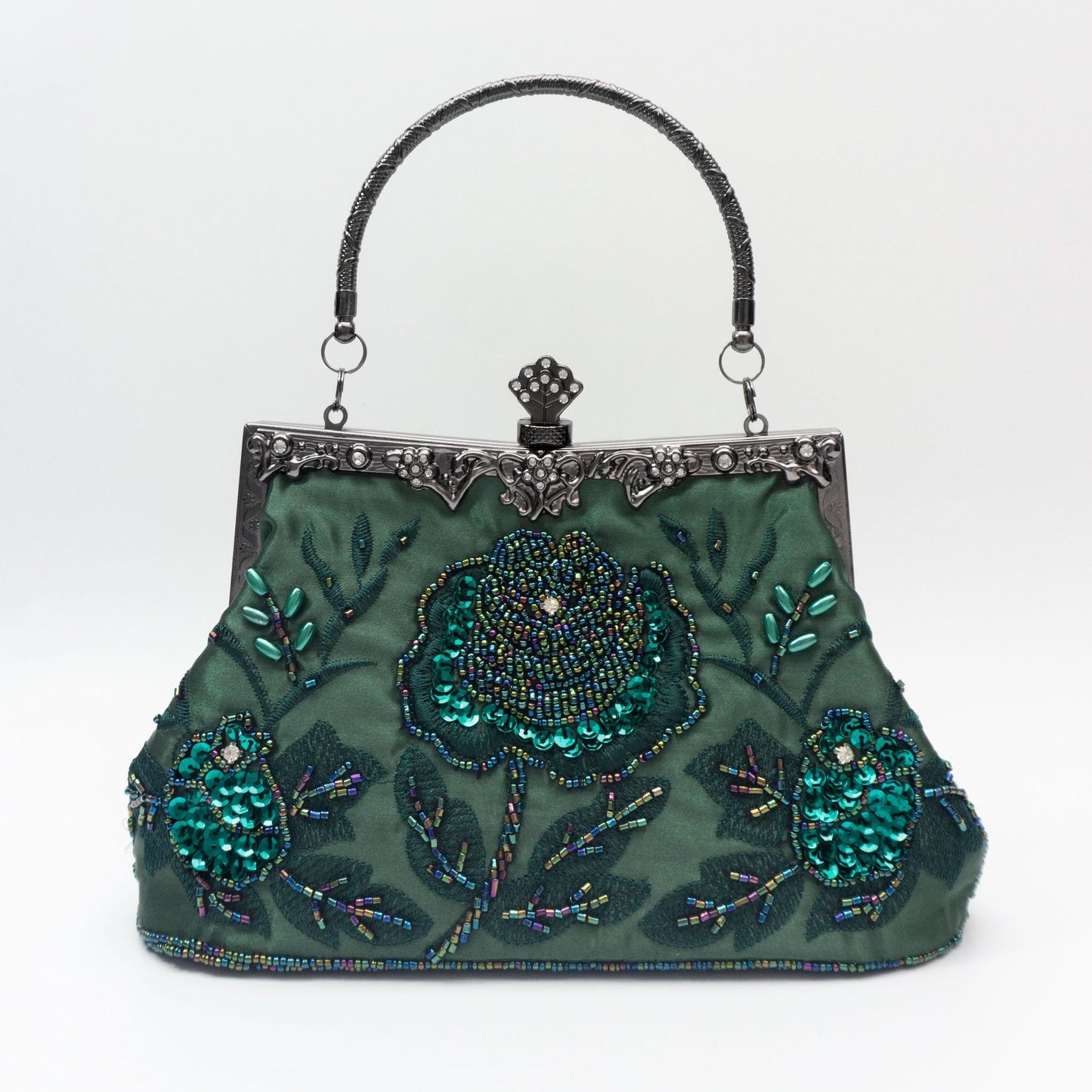 Vintage Floral Beaded Clutch, Satin Evening Bag