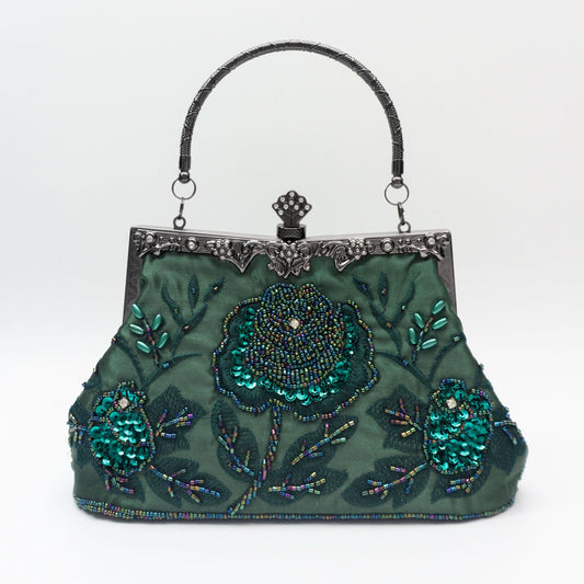 Vintage Floral Beaded Clutch, Satin Evening Bag