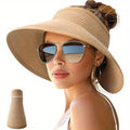 Women’s Wide Brim Straw Sun Hat with Ponytail Hole – Foldable