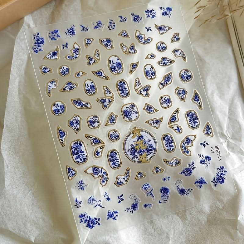 5pcs Blue & White Porcelain Nail Stickers