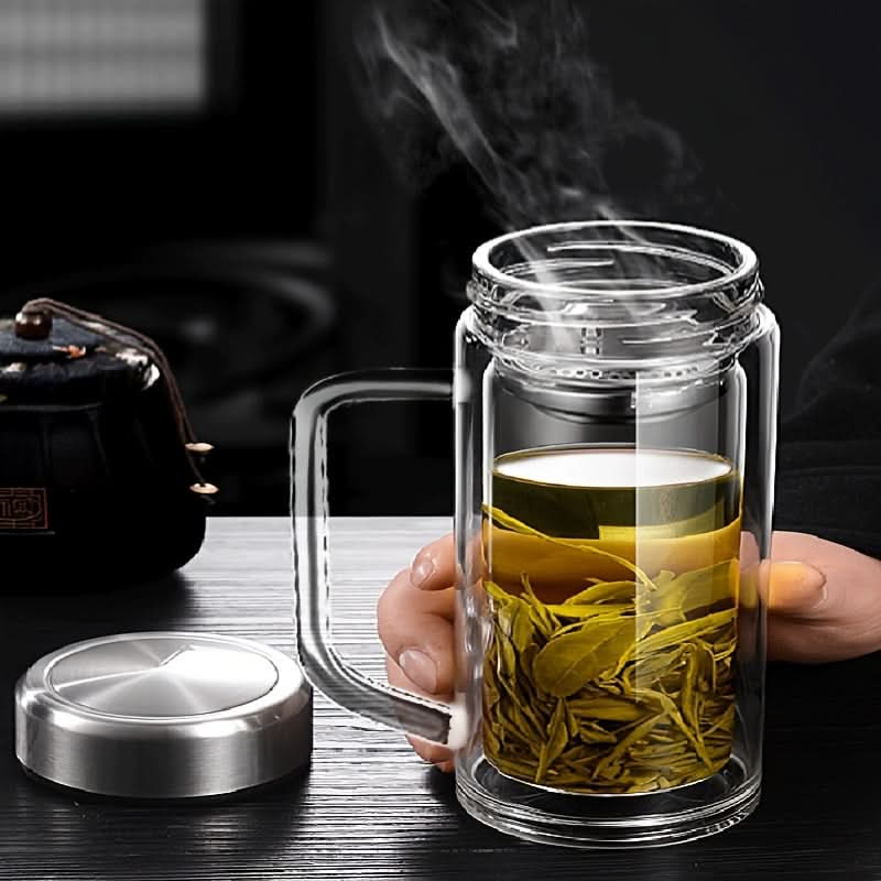 Double-Layer Glass Tea & Coffee Mug-Leak-Proof, Heat-Resistant with Filter, Reusable