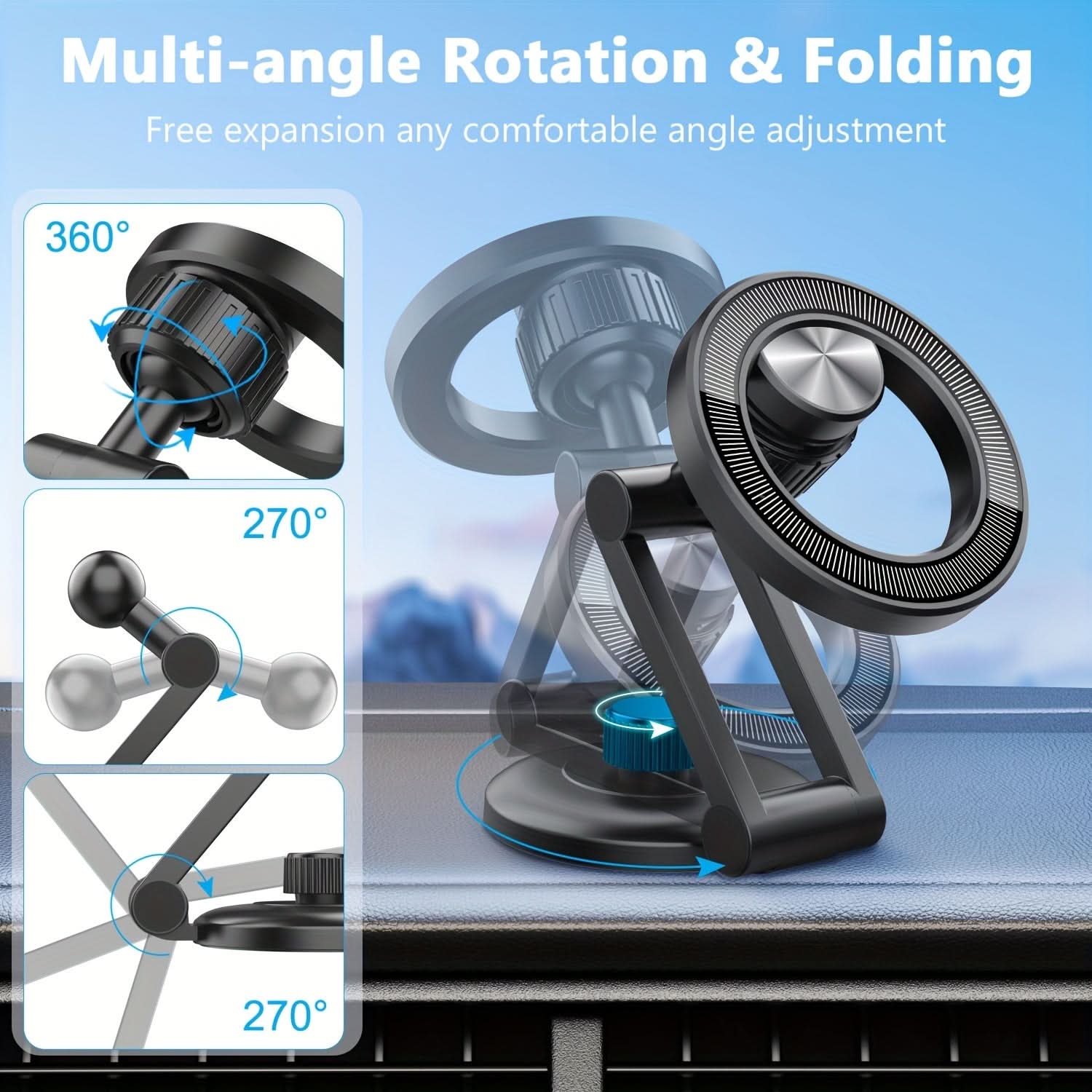 360° Rotating Car Phone Stand – Foldable Magnetic Dashboard Mount