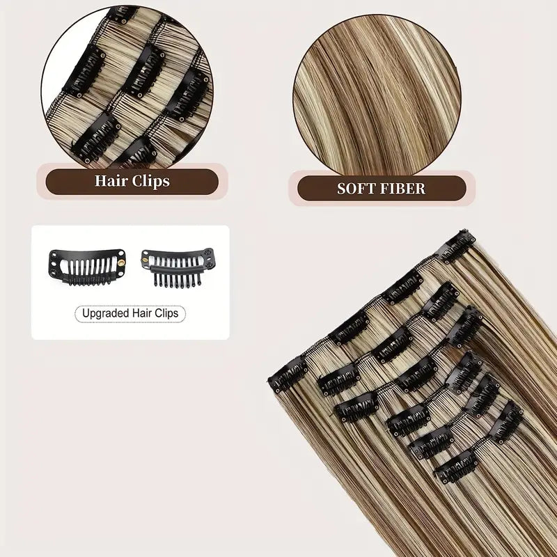 6-Piece Clip-In Straight Hair Extensions – Long Synthetic Fiber Wig Set for Women - 22 inches
