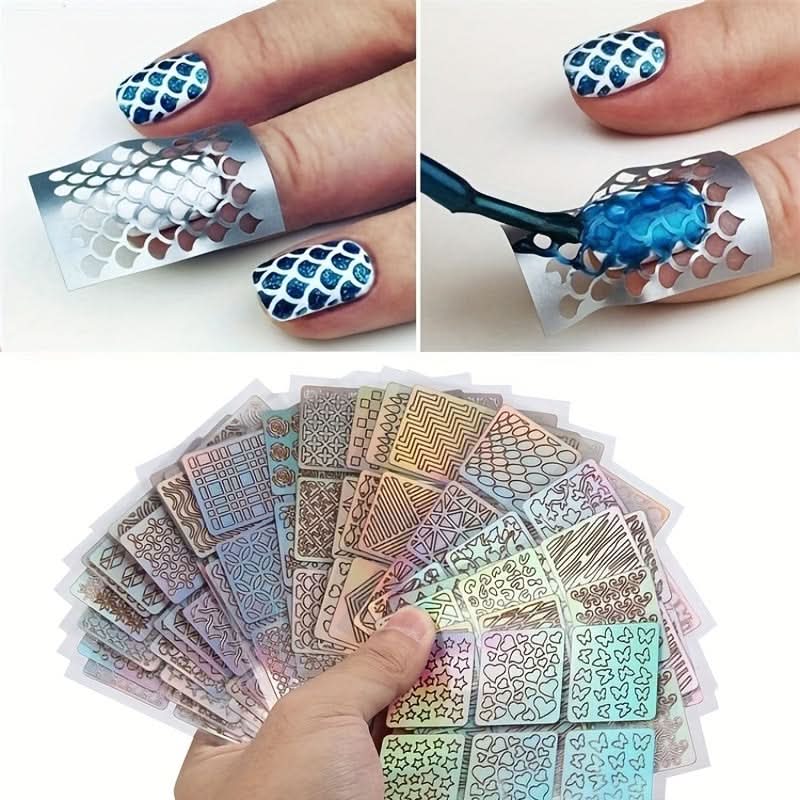 24-Piece Nail Art Vinyl Stencil Set - Glitter Plaid Design