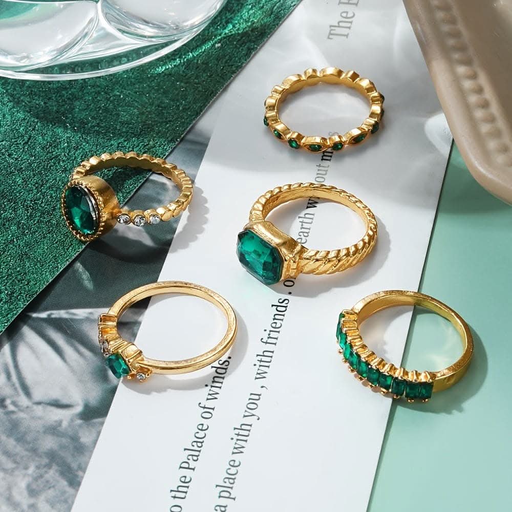 Green Rhinestone Ring Set – 5-Piece Geometric Design