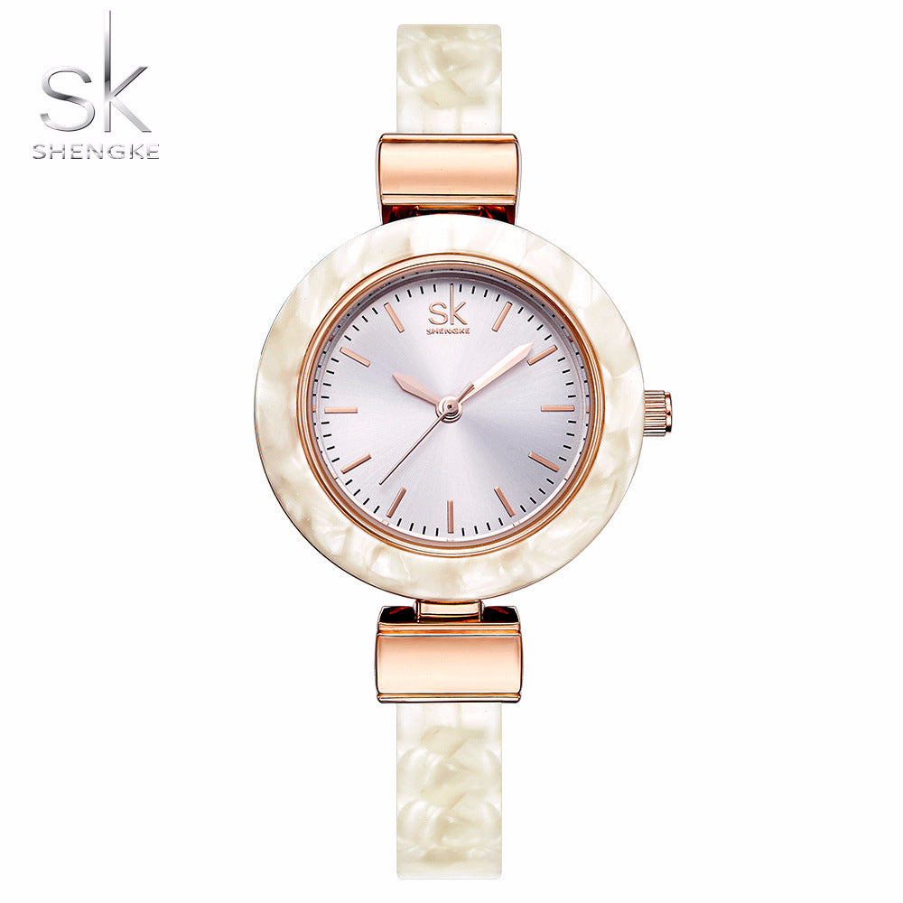 SK Women’s Quartz Watch – Stylish Ceramic Look Waterproof Wristwatch with Alloy Strap