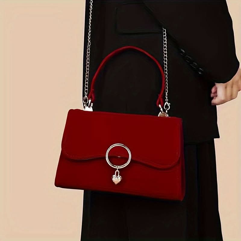 Elegant Red Velvet Bridal Clutch with Chain Strap