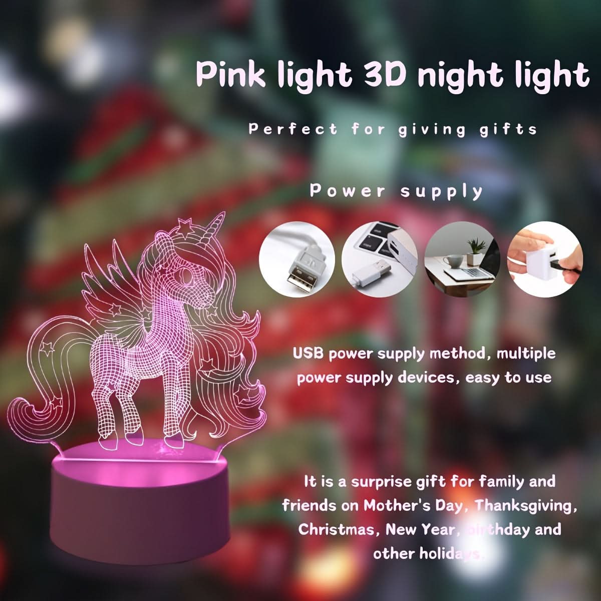 3D Unicorn Night Light - USB Powered Pink LED Lamp