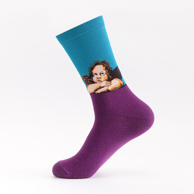 Men’s Cotton Mid-Tube Socks – Artistic Oil Painting Series Casual Crew Socks (39–46)