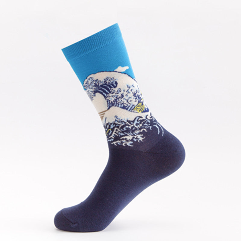Men’s Cotton Mid-Tube Socks – Artistic Oil Painting Series Casual Crew Socks (39–46)