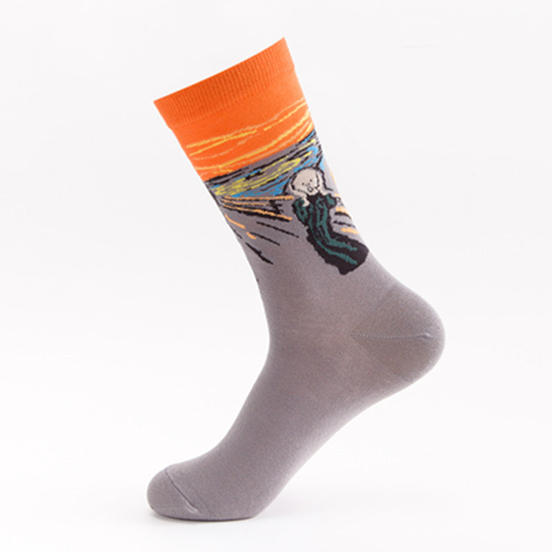 Men’s Cotton Mid-Tube Socks – Artistic Oil Painting Series Casual Crew Socks (39–46)