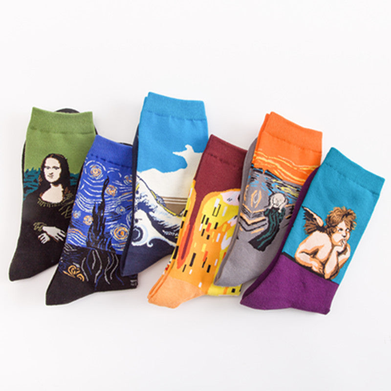 Men’s Cotton Mid-Tube Socks – Artistic Oil Painting Series Casual Crew Socks (39–46)