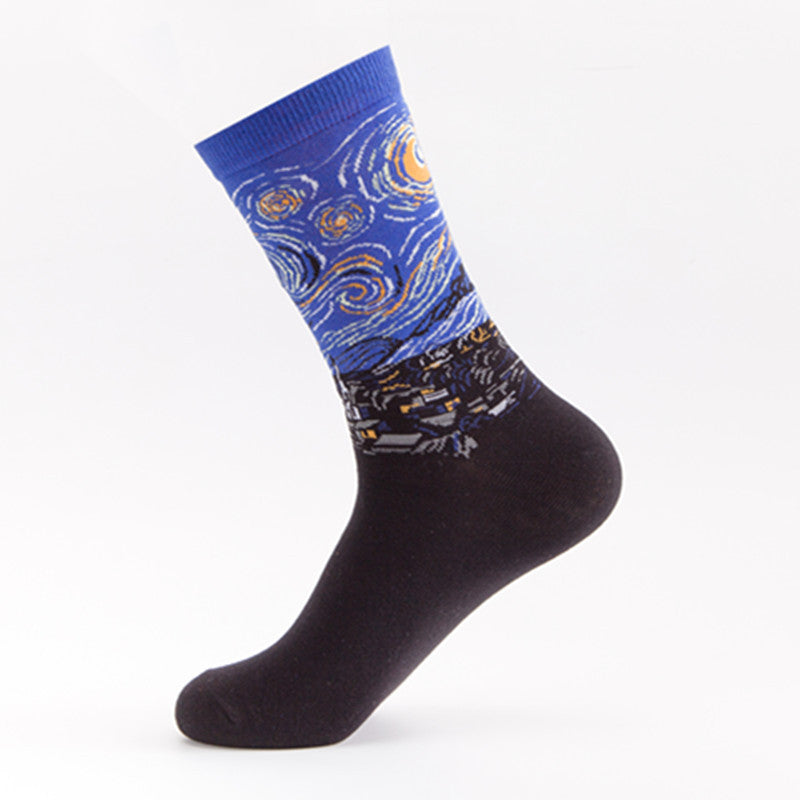 Men’s Cotton Mid-Tube Socks – Artistic Oil Painting Series Casual Crew Socks (39–46)