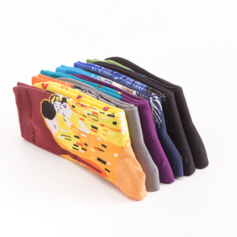 Men’s Cotton Mid-Tube Socks – Artistic Oil Painting Series Casual Crew Socks (39–46)